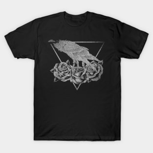 Flower Gothic - Black Rose and Crow Bird Creepy - Roses and Raven T-Shirt